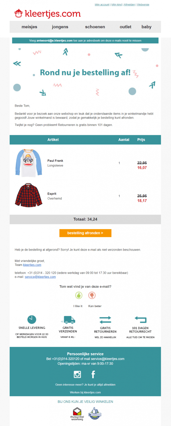 Cart abandonment email example